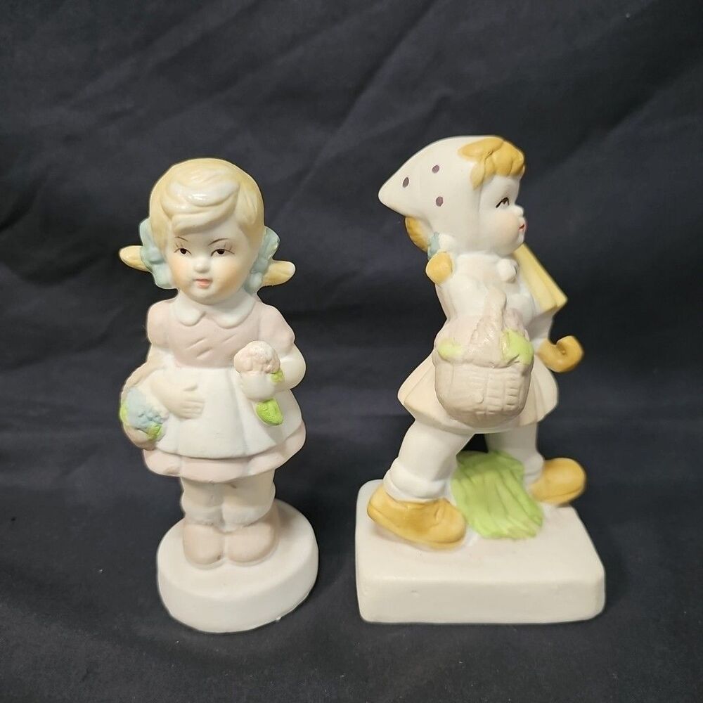 Two Retro Porcelain Figurines, Girl with Umbrella and Girl with Flowers